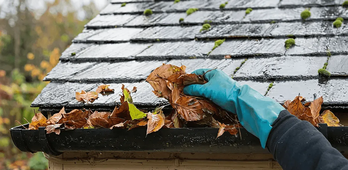 Gutter cleaning technician clearing wet leaves from roof gutters in Columbus, GA